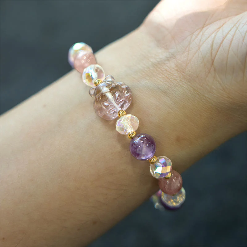 Buddha Stones Amethyst Strawberry Quartz White Crystal Nine Tailed Fox Meditation Bracelet