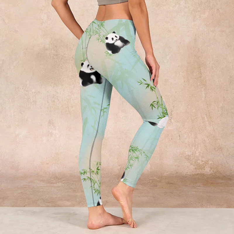 Buddha Stones Pandas Bamboo Print Gym Leggings Women's Yoga Pants