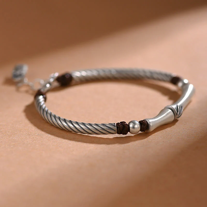 Buddha Stones 999 Sterling Silver Bamboo Pattern Cicada Luck Wealth Bracelet