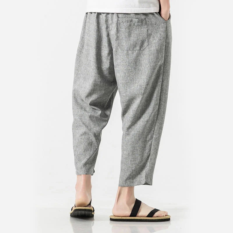 Buddha Stones Summer Plain Men's 7-8 Length Cotton Linen Pants With Pockets