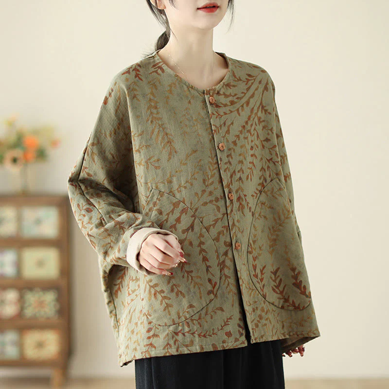 Buddha Stones Leaf Print Women's Cotton Linen Jacket With Pockets