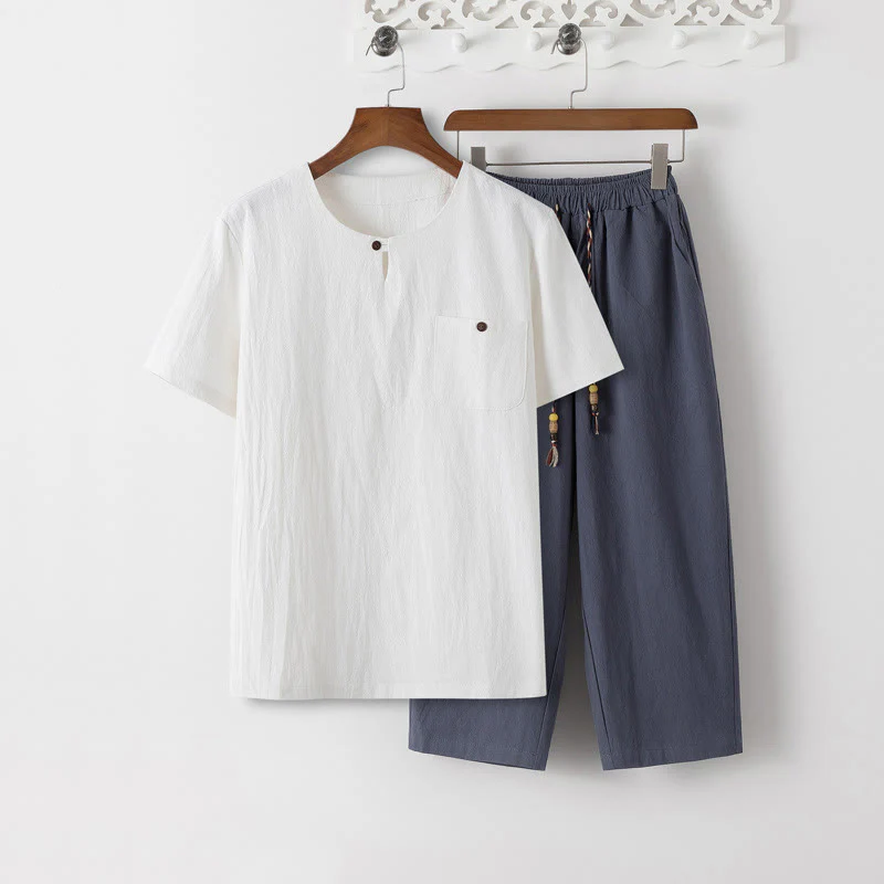 Buddha Stones Summer 2Pcs Plain Crew Neck T-Shirt Drawstring 7-8 Length Pants Cotton Linen Tang Suit Men's Meditation Cloth Set With Pockets