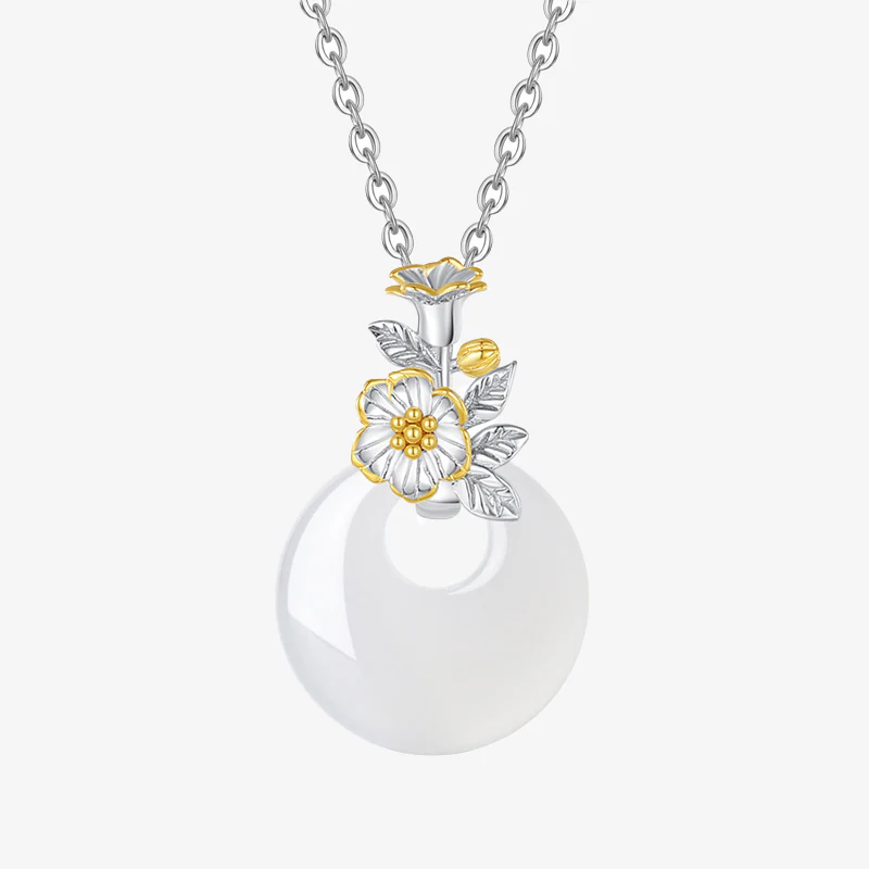 Buddha Stones 925 Sterling Silver Round Chalcedony Twelve Months Flower Harmony Necklace Pendant