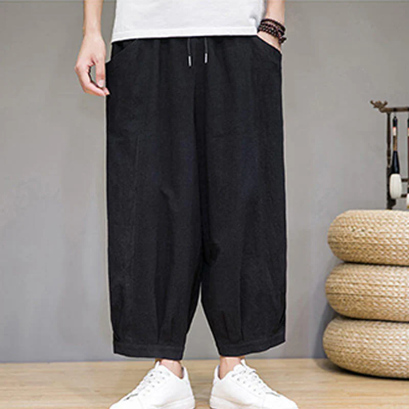 Buddha Stones Simple Cotton Men's Cropped Capri Harem Pants With Pockets