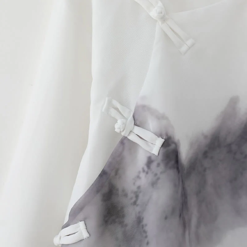 Buddha Stones Men's Frog-Button Mountain Landscape Ink Painting Half Sleeve Shirt