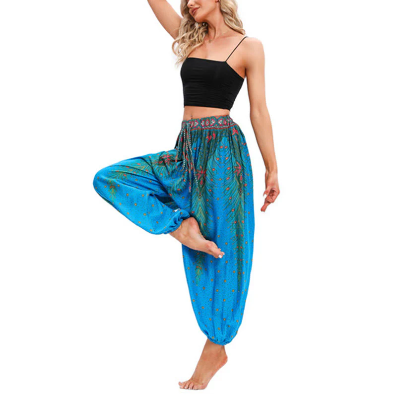 Buddha Stones Peacock Feather Pattern Loose Harem Trousers Women's Yoga Pants