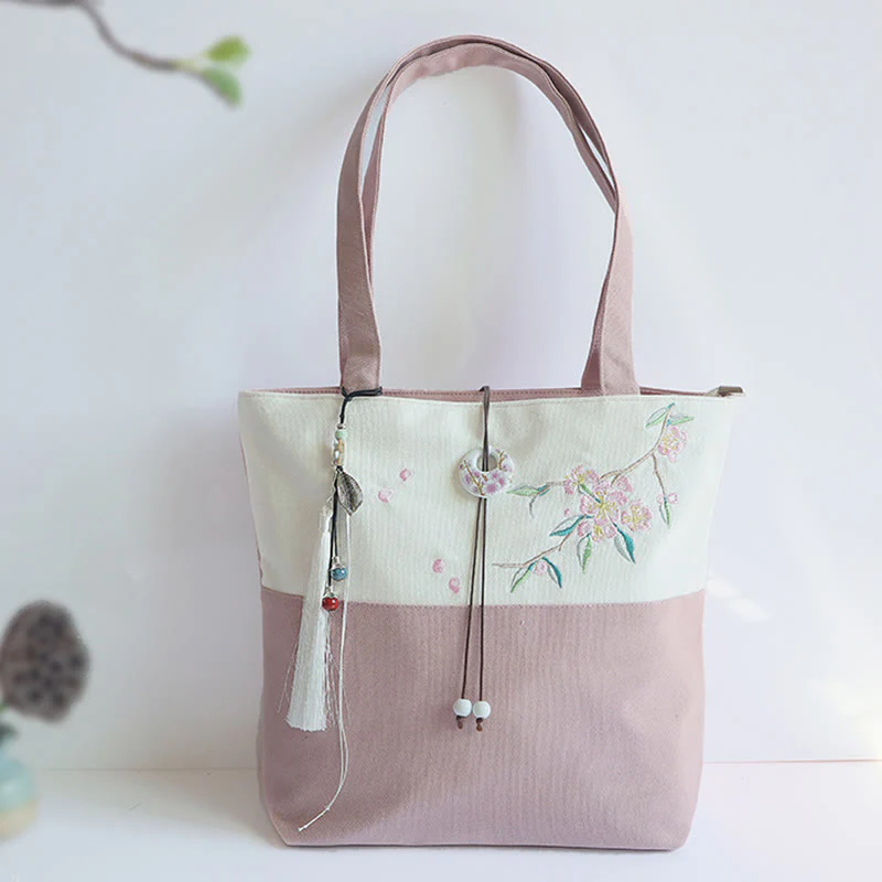Buddha Stones Pear Flower Plum Peach Blossom Bamboo Embroidery Canvas Large Capacity Shoulder Bag Tote Bag