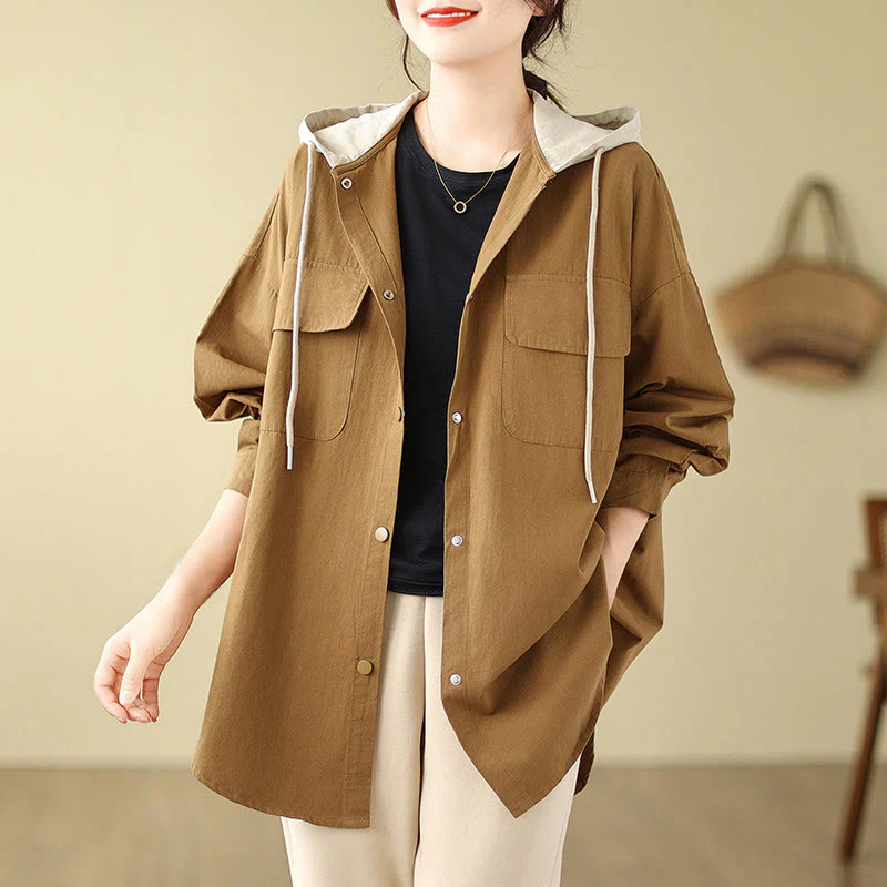 Buddha Stones Casual Commute Drawstring Hoodie Women's Cotton Linen Jacket With Pockets