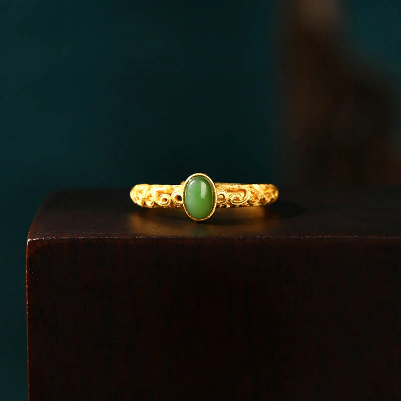 Buddha Stones Auspicious Cloud Pattern Cyan Jade Luck Adjustable Ring