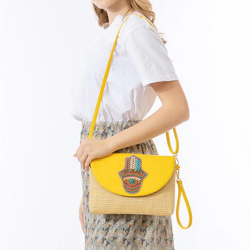 Buddha Stones Hamsa Elephant Flower Straw Woven Crossbody Bag Shoulder Bag Handbag