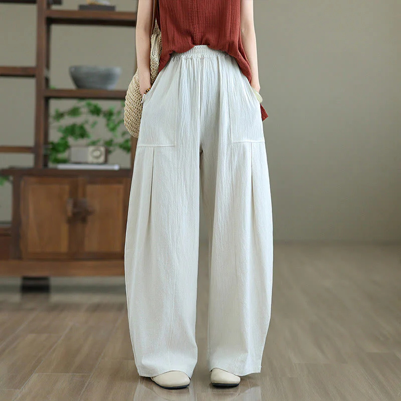 Buddha Stones Plain Pleated Design Ankle-Length Women's Cotton Linen Pants With Pockets
