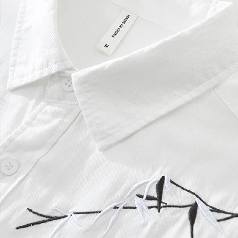 Buddha Stones Artistic Simple Design Embroidery Bamboo Pattern Men's Short Sleeve Cotton Shirt