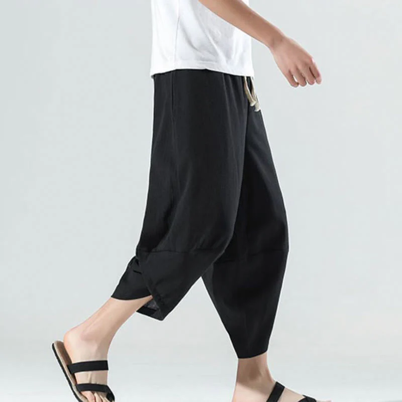 Buddha Stones Plain Simple Design Drawstring 7-8 Length Linen Men's Harem Pants With Pockets