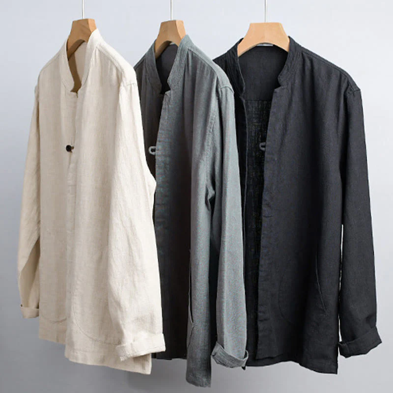 Buddha Stones Spring Daily Simple Buttons Design Stand Collar Men's Long Sleeve Cotton Linen Shirt With Pockets