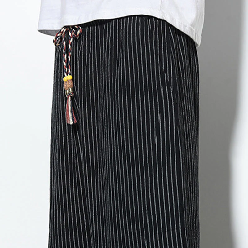 Buddha Stones Summer Stripes Pattern Drawstring Cotton Linen Men's 7-8 Length Harem Pants With Pockets