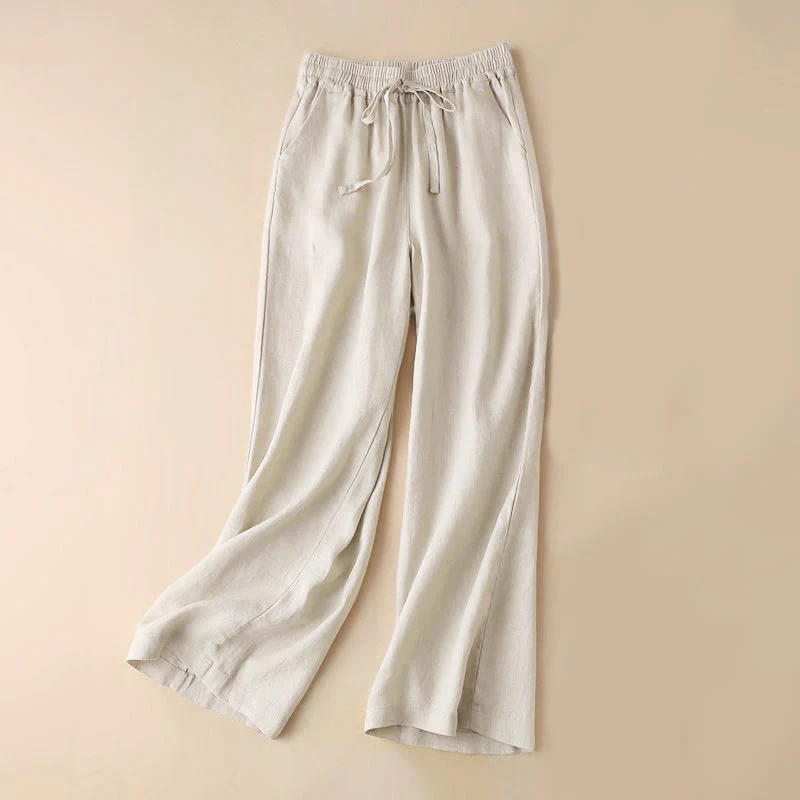 Buddha Stones Casual Cotton Linen High Waist Lace-up Wide Leg Pants With Pockets