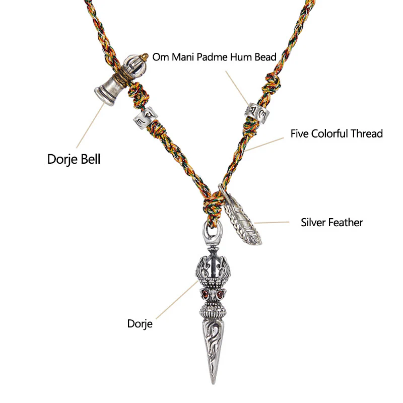 Buddha Stones Tibetan Handmade 925 Sterling Silver Dorje Vajra Om Mani Padme Hum Feather Strength Necklace Pendant