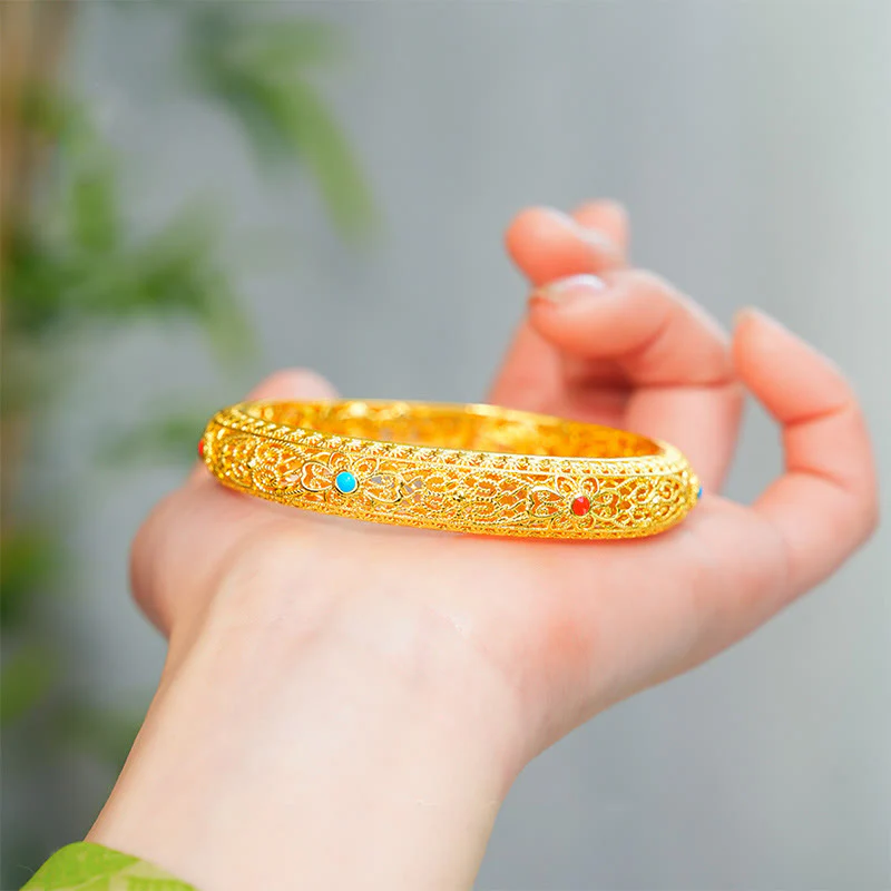 Buddha Stones Copper Plated Gold Flowers Vine Pattern Luck Bracelet Bangle 2.44 IN (62 MM)