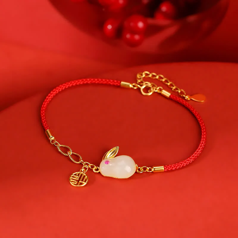 Buddha Stones 925 Sterling Silver Year of the Rabbit Hetian White Jade Luck Blessing Red String Bracelet