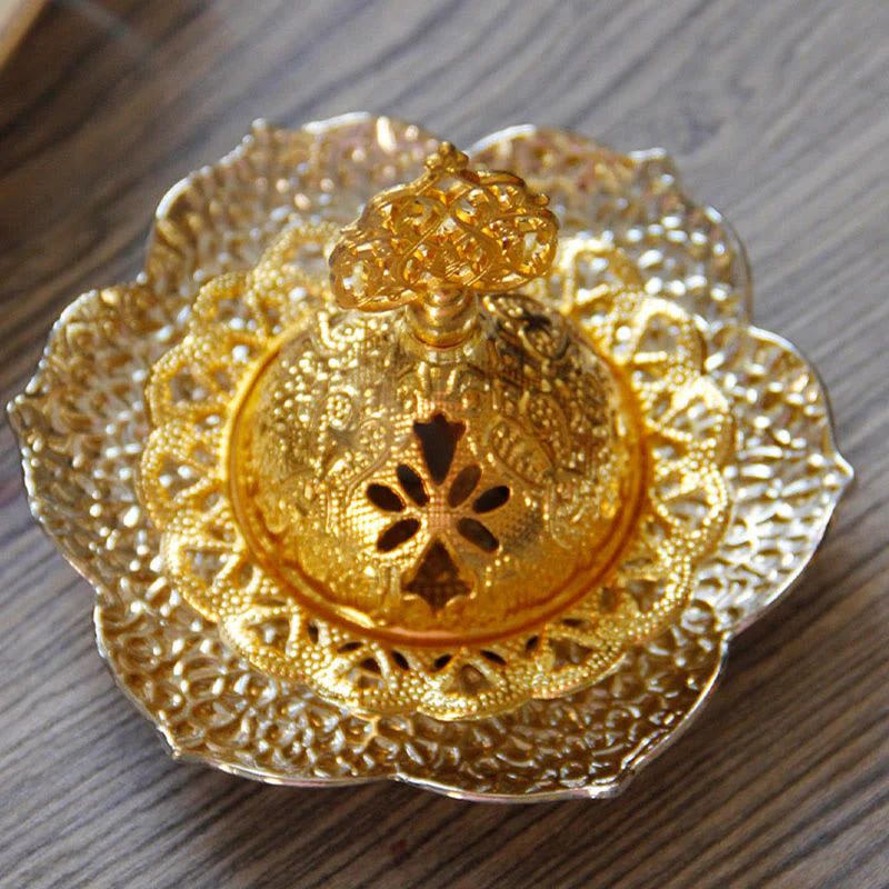 Buddha Stones Gold Leaf Coaster Spiritual Mini Alloy Metal Incense Burner