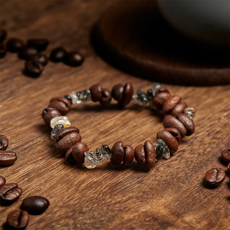 Buddha Stones Natural Coffee Beans Black Obsidian Rutilated Quartz Strength Bracelet