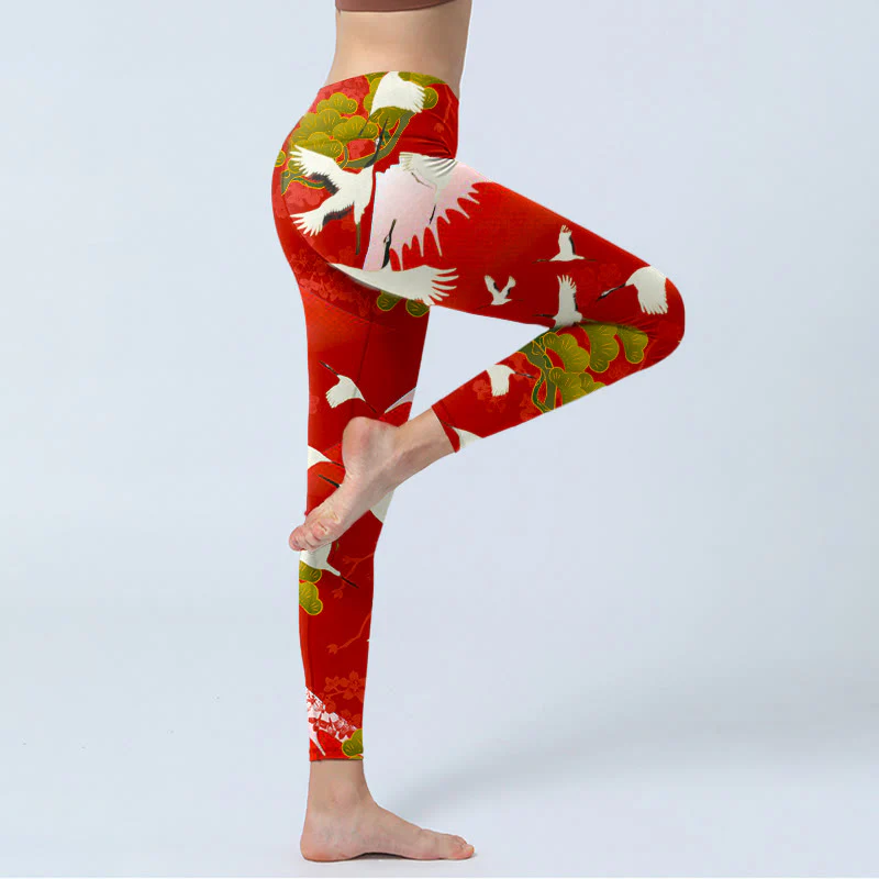 Buddha Stones Crane Mount Fuji Pine Tree Pattern Print Gym Leggings Women's Yoga Pants