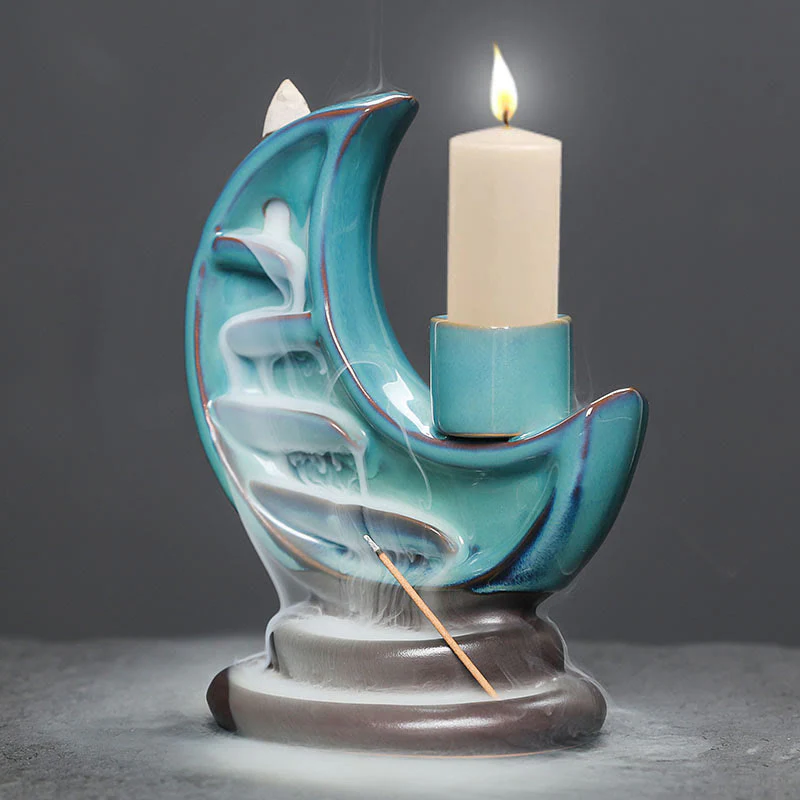 Buddha Stones Blue Crescent Moon Ceramic Backflow Smoke Fountain Meditation Candlestick Incense Burner Decoration
