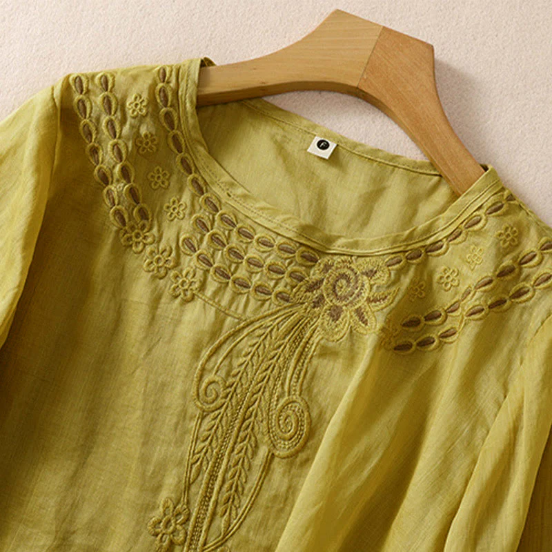 Buddha Stones Women's Crew Neck Hollow Design Half Sleeve Cotton Linen Shirt