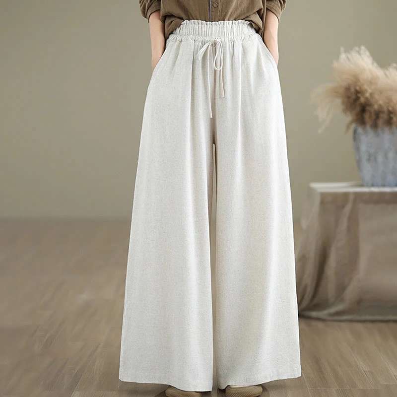 Buddha Stones Commute Plain Simple Lace-Up Design Women's Wide Leg Cotton Linen Pants With Pockets