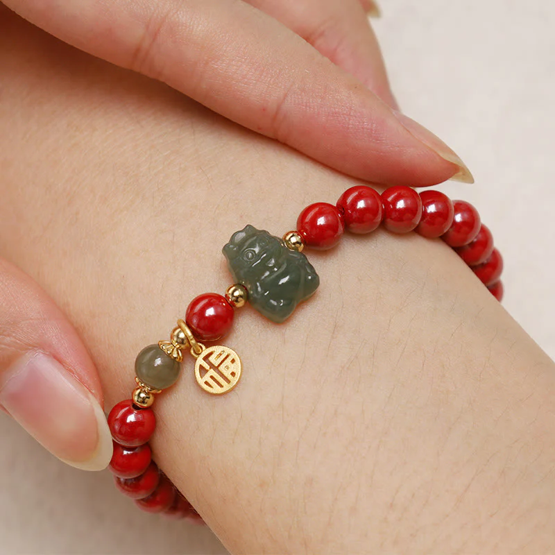 Buddha Stones 925 Sterling Silver Year of the Dragon Natural Cinnabar Hetian Jade Dragon Fu Character Ruyi As One Wishes Charm Blessing Bracelet