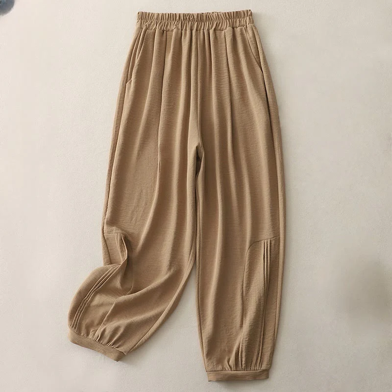 Buddha Stones Summer Commute Plain Pleated Design 7-8 Length Women's Harem Cotton Linen Pants With Pockets