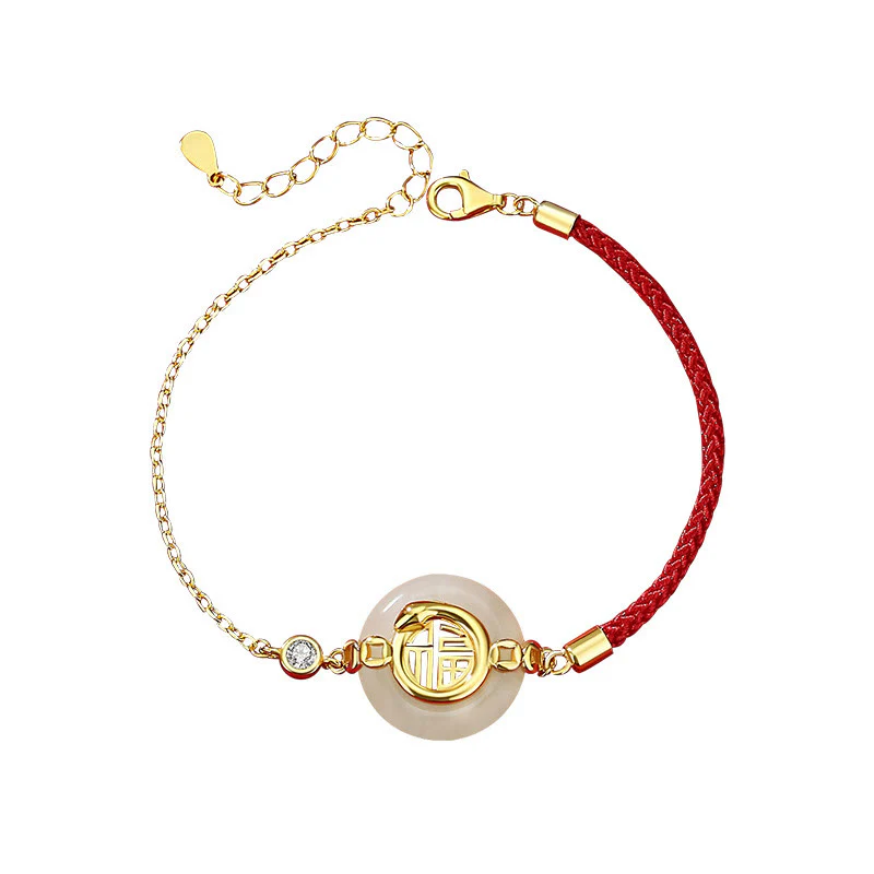 Buddha Stones 925 Sterling Silver Hetian Jade Peace Buckle Fu Character Year Of Snake Red String Protection Braided Bracelet