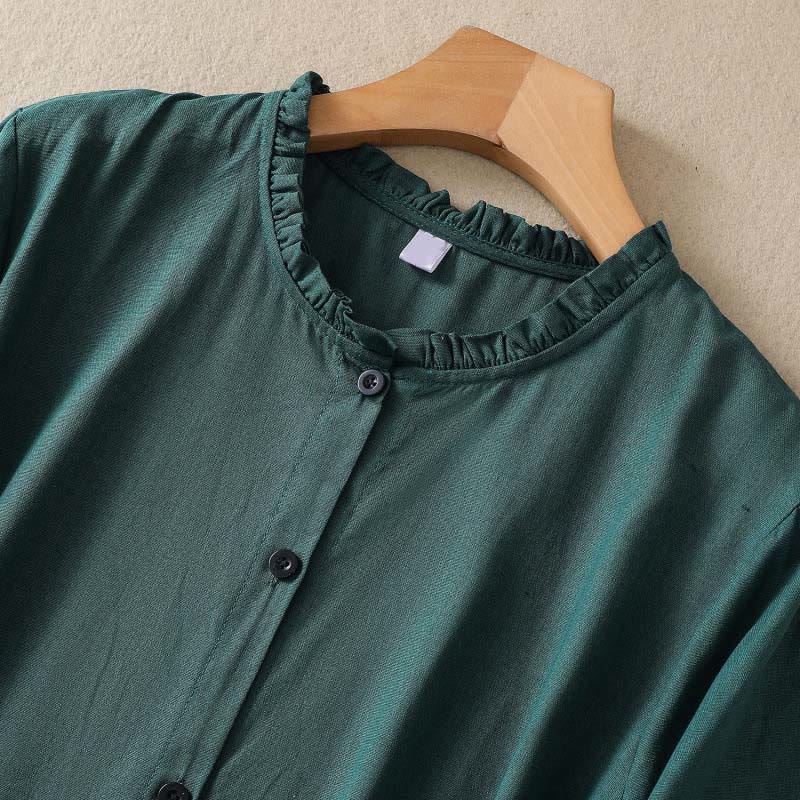 Buddha Stones DarkGreen Plain Ruffled Crew Neck Buttons Design Cotton Midi Dress With Pockets