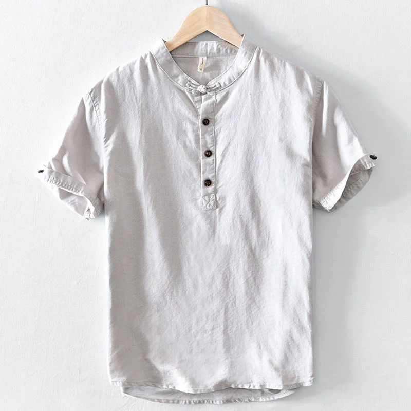 Buddha Stones Casual Solid Color Half Button Design Stand Collar Men's Short Sleeve Cotton Linen Shirt