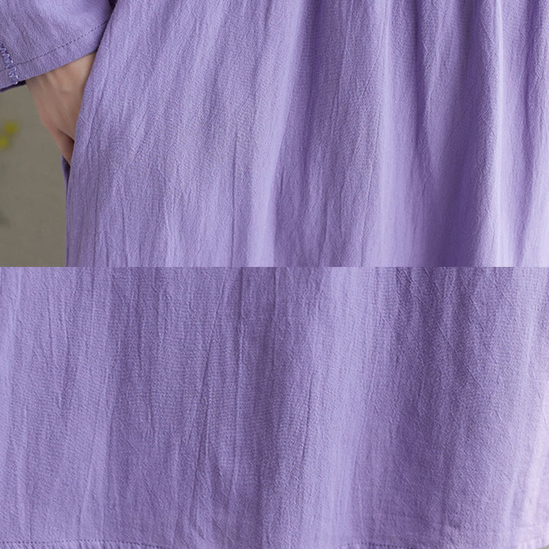 Buddha Stones Fall Ethnic Embroidery Cotton Linen Midi Dress With Pockets