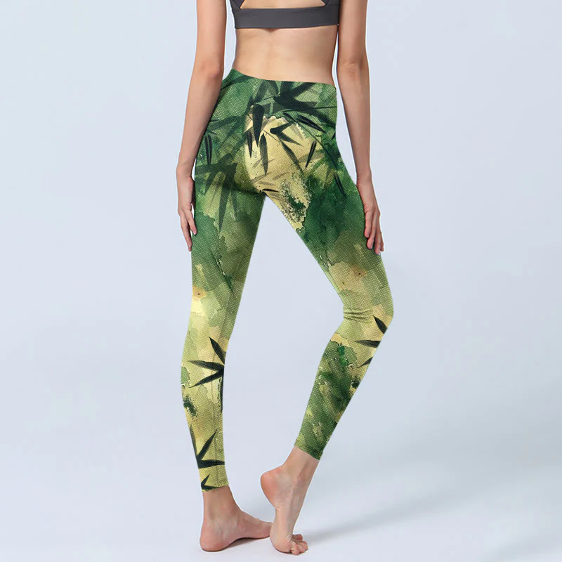 Buddha Stones Ink Blooming Bamboo Pattern Print Gym Leggings Women's Yoga Pants