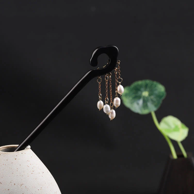 Buddha Stones Ebony Auspicious Cloud Pearl Tassel Protection Hairpin