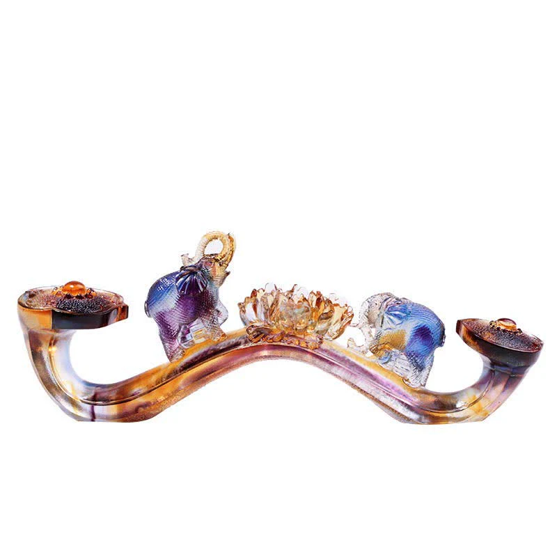 Buddha Stones Handmade Liuli Crystal Ruyi Elephant Art Piece Home Decoration With Crystal Base