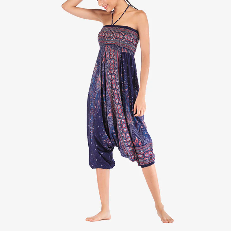 Buddha Stones Two Style Wear Feathers Geometric Pattern Loose Smocked Trousers Jumpsuit Women's Yoga Pants