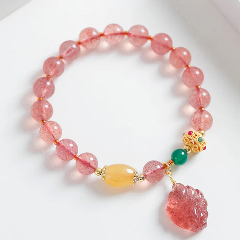 Buddha Stones Natural Strawberry Quartz Nine Tailed Fox Healing Bracelet