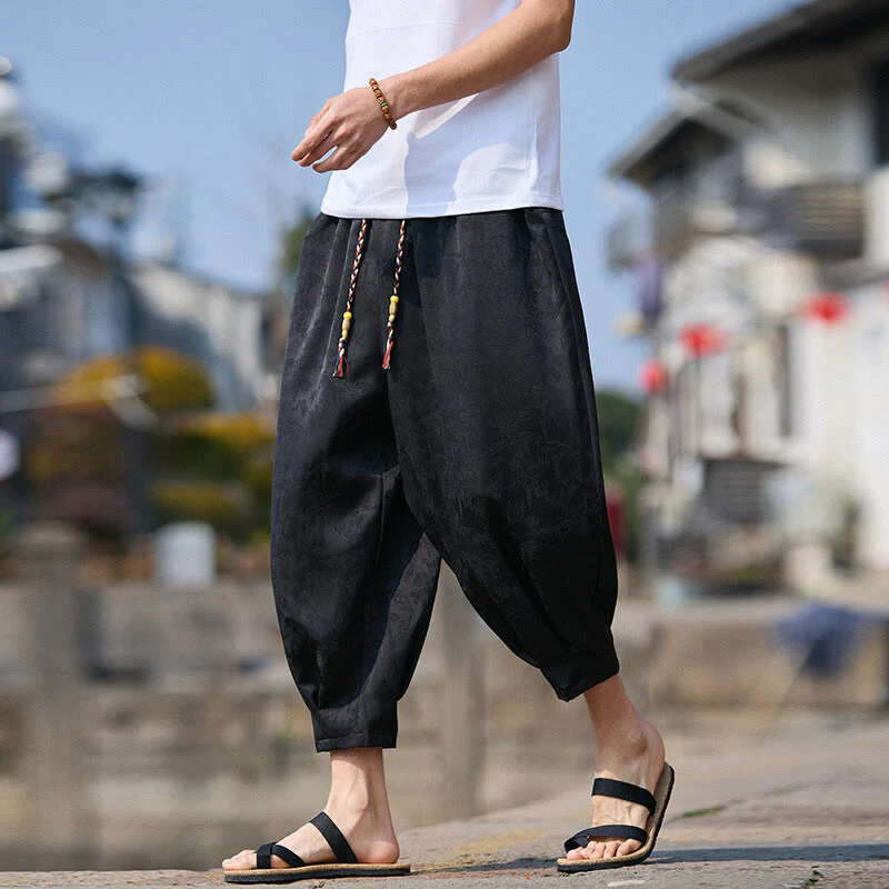 Buddha Stones Summer Character Embroidery Design Drawstring Men's 7-8 Length Pants With Pockets