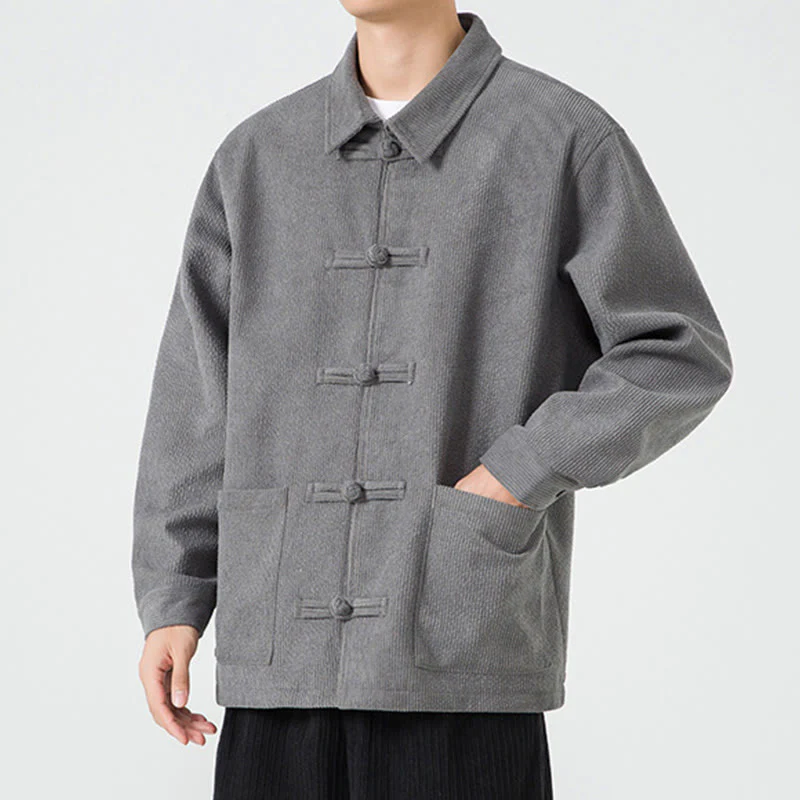 Buddha Stones Long Sleeve Frog-button Design Men's Polyester Jacket Shirt With Pockets