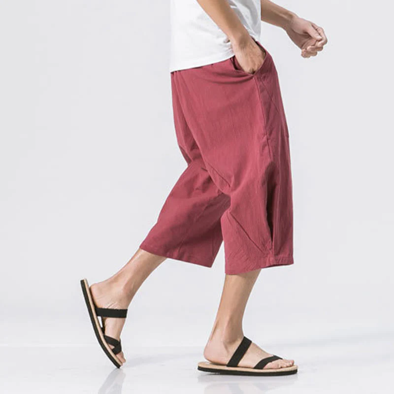 Buddha Stones Summer Casual Simple Plain Design 7-8 Length Men's Cotton Linen Drawstring Pants With Pockets