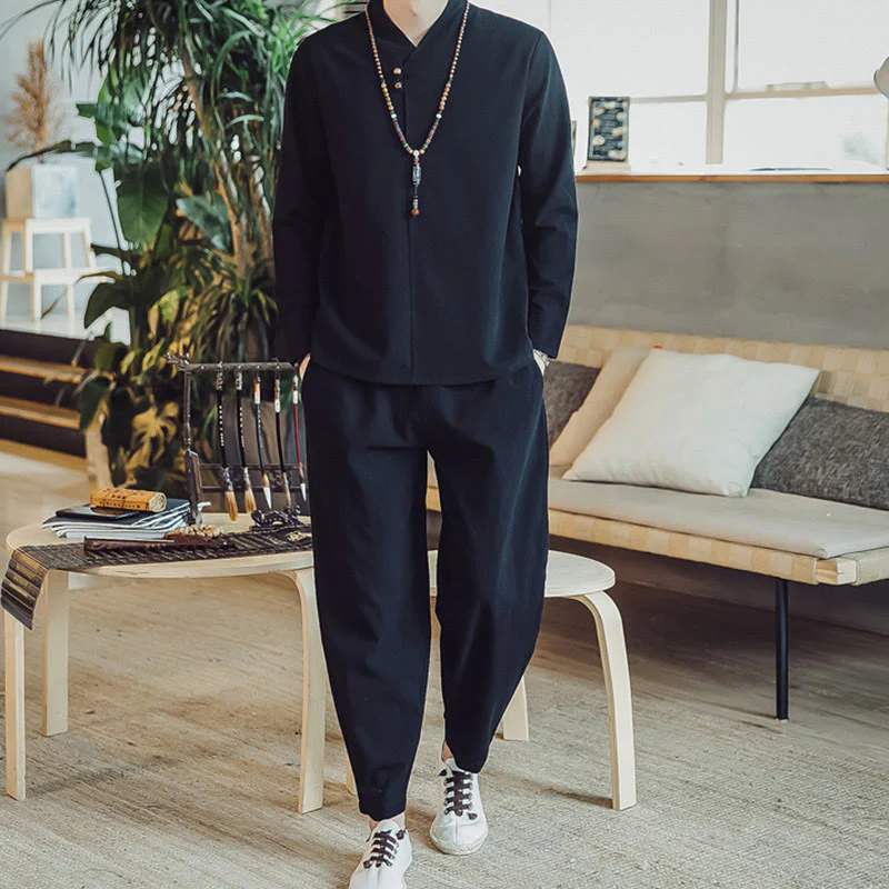 Buddha Stones 2Pcs Cotton Shirt Ankle-Length Pants With Pockets Men's Meditation Cloth Set