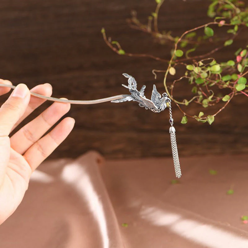 Buddha Stones 925 Sterling Silver Phoenix Tassels Protection Hairpin
