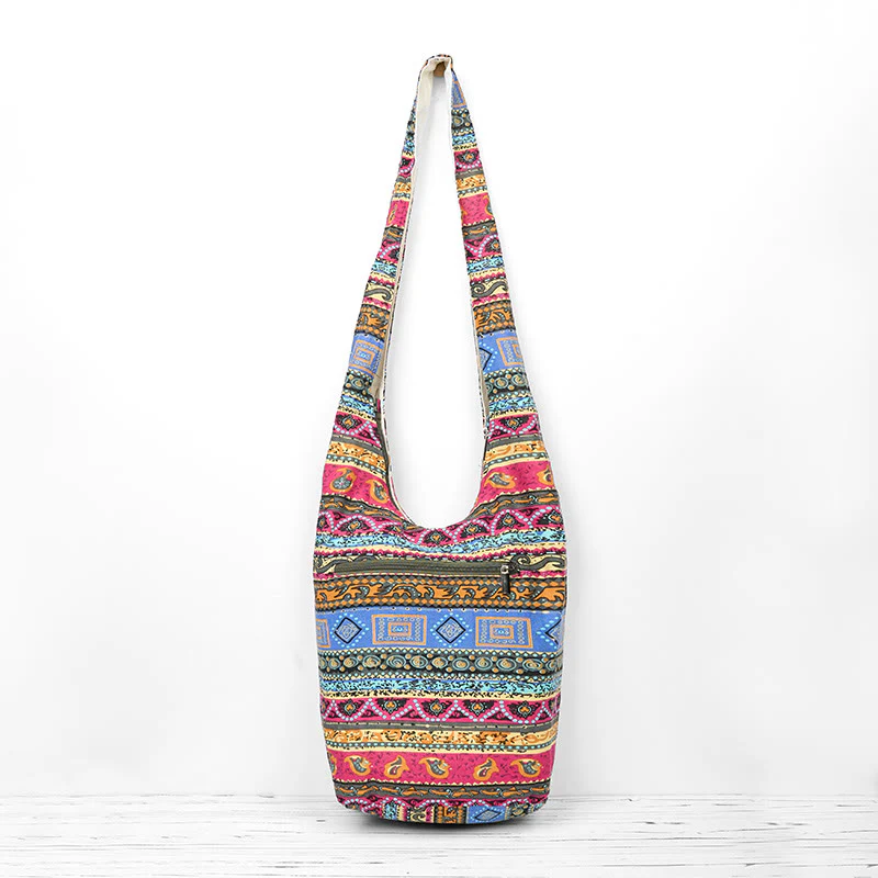 Buddha Stones Colored Stripes Cotton Crossbody Bag Shoulder Bag