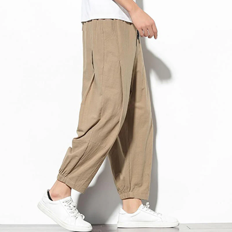Buddha Stones Summer Men's 7-8 Length Cotton Linen Carrot Pants With Pockets