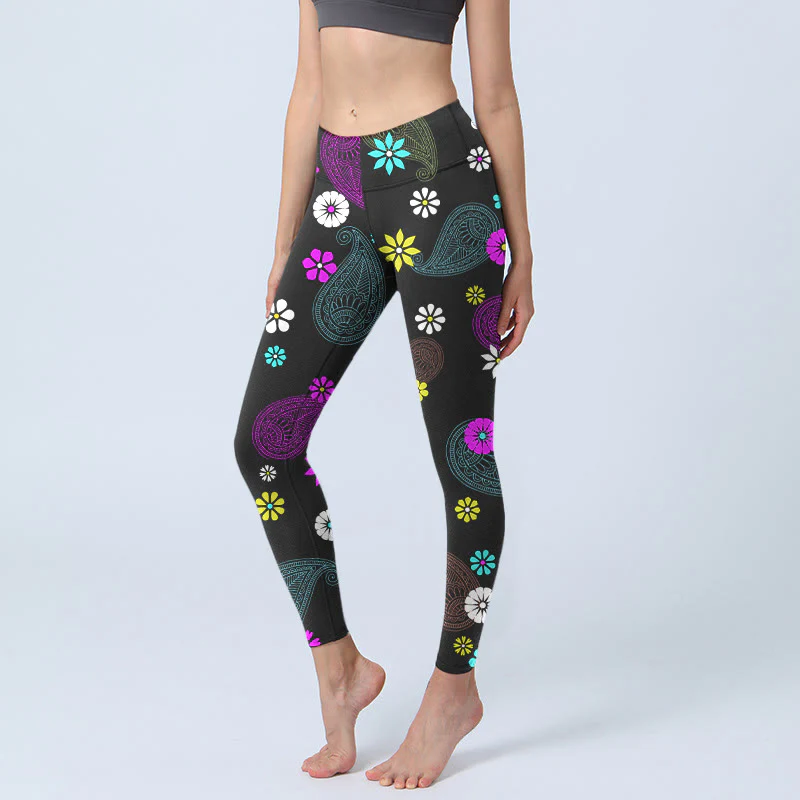 Buddha Stones Colorful Cashew Flower Print Gym Leggings Women's Yoga Pants