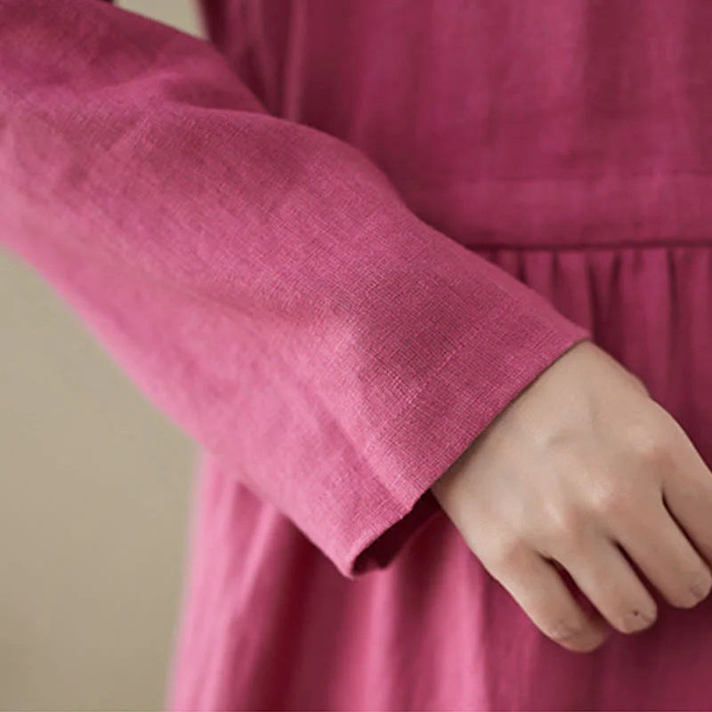 Buddha Stones Casual Plain Crew Neck Lace-up Cotton Linen Midi Dress With Pockets