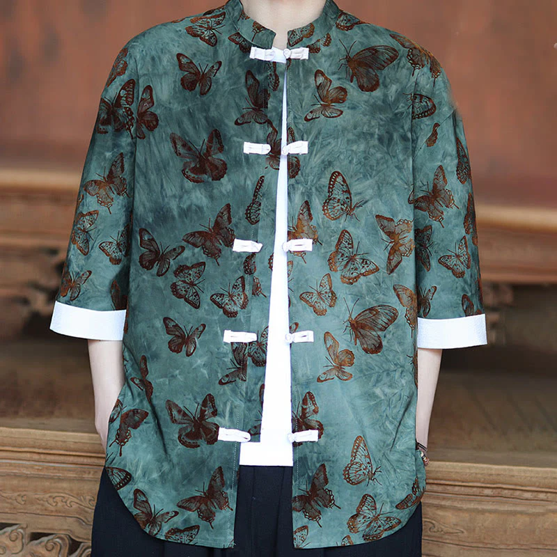 Buddha Stones Jacquard Butterfly Pattern White Frog-Button Design Stand Collar Men's Three Quarter Sleeve Cotton Shirt Cardigan